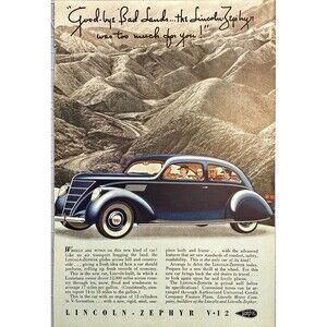Lincoln Zephyr V-12 "Artwork of Car Driving in Badlands" Vintage Print Ad 1937